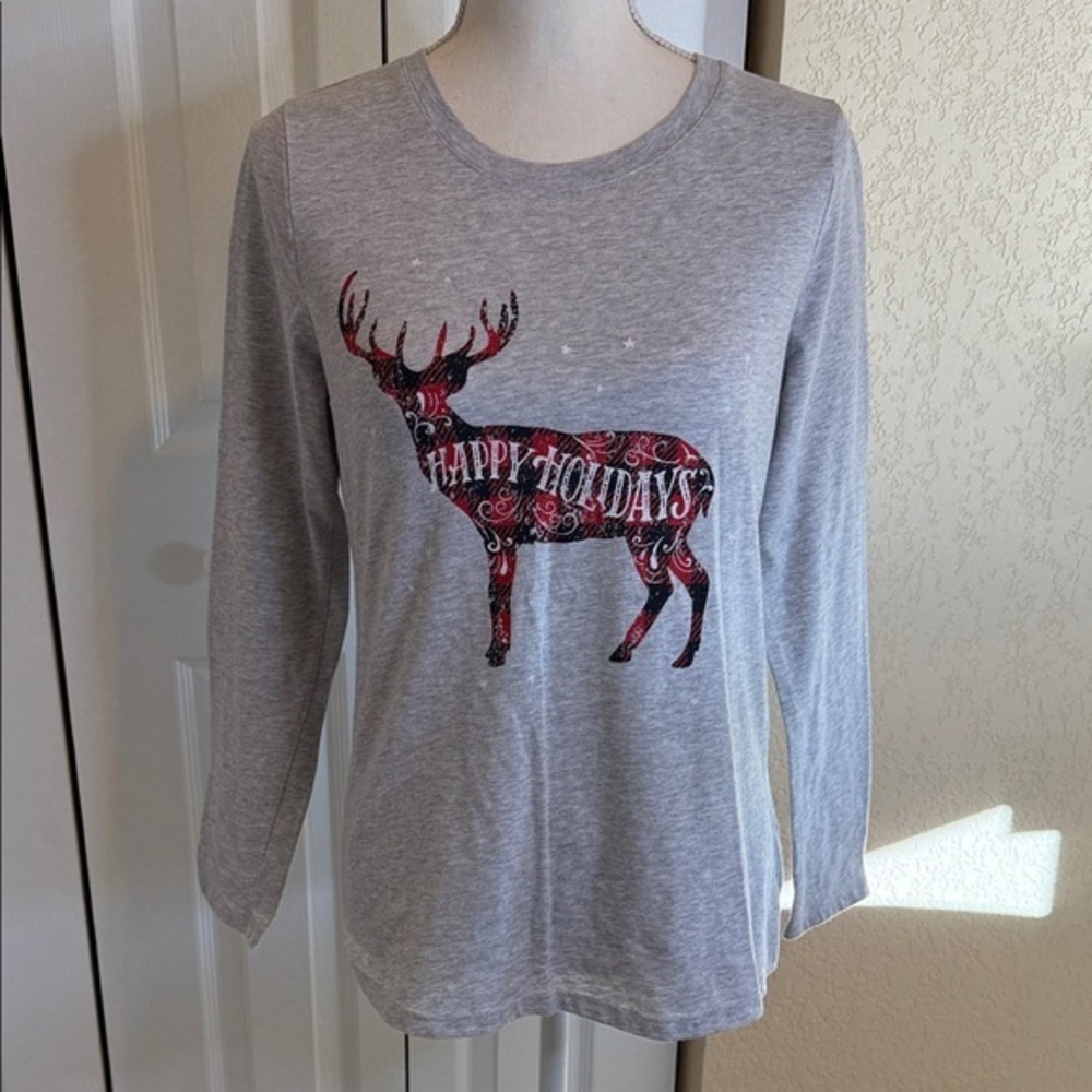 Sonoma Gray Long Sleeve Tee with Holiday Reindeer Design